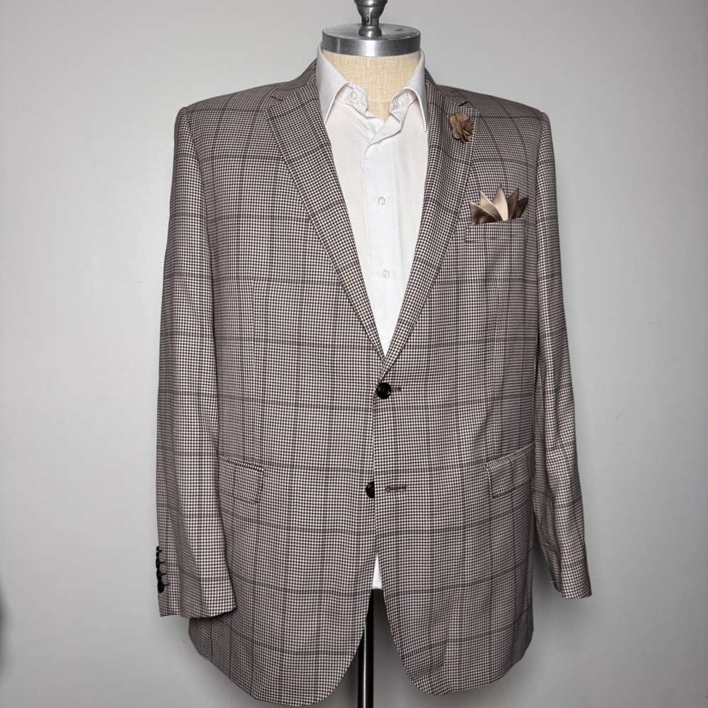 Tiglio Luxe Blazer Mens 50L Brown Micro Check Super 150s Wool Sangria Sport Coat